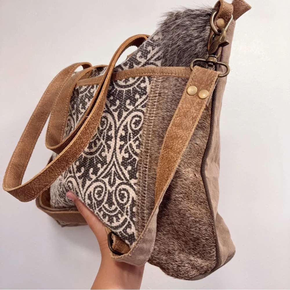 Myra Hair-on Hide Tapestry Leather Weekender Overnight Tote Travel Laptop Bag